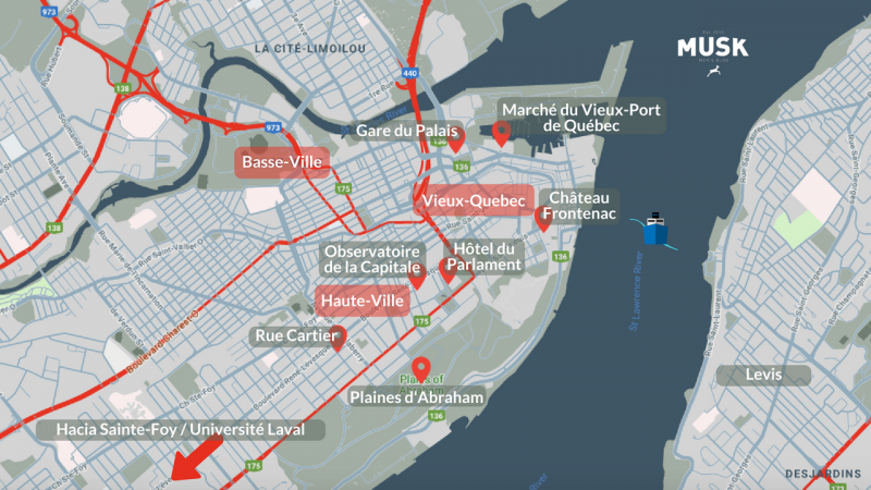 Mapa de atracciones, lugares turísticos en la ciudad de Quebec. Ville du Quebec City.