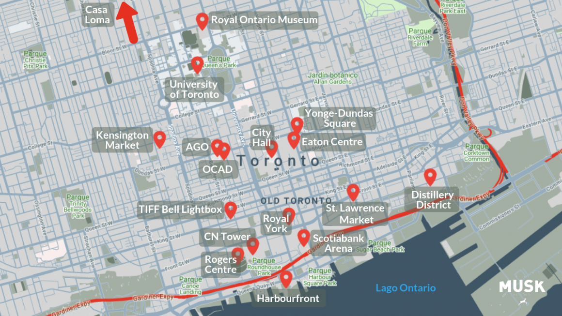 Mapa de atracciones turísticas, lugares que visitar en la ciudad de Toronto, Canada.