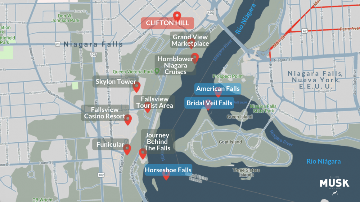 Mapa de lugares de interés y atracciones. Map. Cataratas Niagara Falls, Canada.