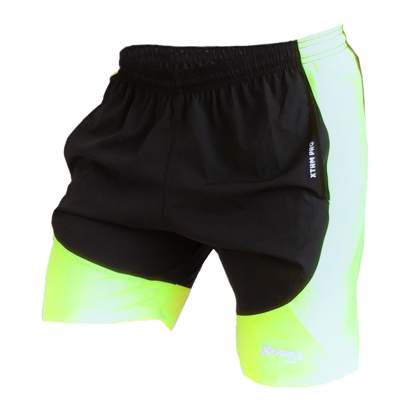 Short deportivo hombre Destroyer, corredor, correr, runner, tela lona ligera impermeable. Negro Amarillo Neon. Ropa deportiva hombre. Tienda.