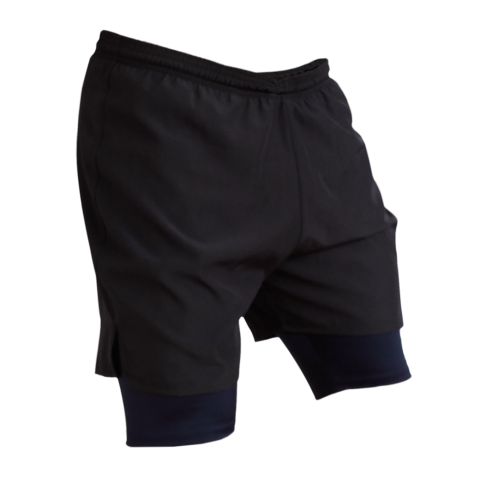 Short deportivo con licra, para hombre. Correr, corredor. Runner shorts. Negro Azul Marino. Ropa deportiva hombre. Tienda.