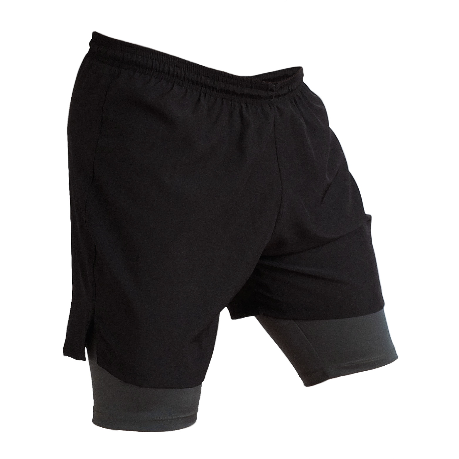 Short deportivo con licra, para hombre. Correr, corredor. Runner shorts. Negro Verde Militar. Ropa deportiva hombre. Tienda.